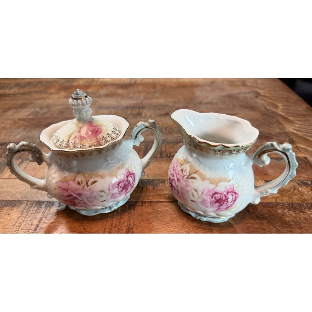 Antique Nippon Hand Painted Porcelain Cabbage Rose Cream and Sugar Set Gold Trim